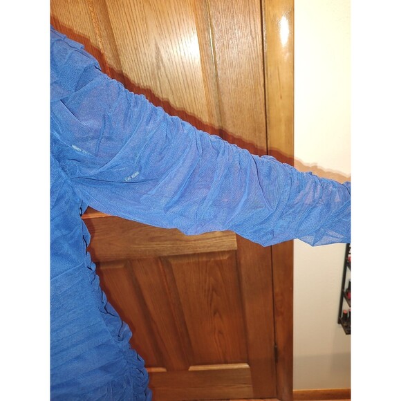 TADASHI SHOJI TOO Dress Sz 3X Ruched Mesh Midi Navy Blue Flattering Wedding - Picture 3 of 9